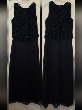 Vintage J.R. Nites Black Scoop Neck Sleeveless Floral Sequin Maxi Dress Lined 4P